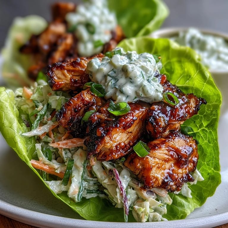 Tender BBQ-seasoned chicken breast nestled in crisp lettuce leaves, topped with vibrant shredded slaw, ready to eat for a protein-packed flavorful bite.