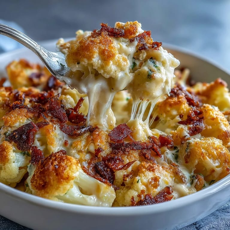 Bubbling Keto Mac and Cheese in a baking dish with roasted cauliflower and golden bacon crumb topping.