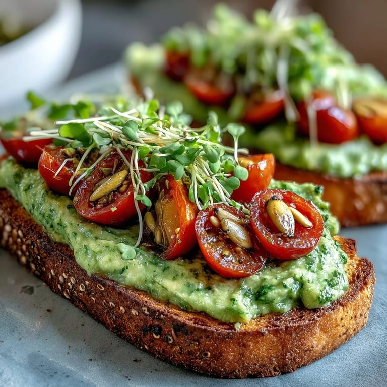 Rustic sourdough toast spread with bright avocado pesto, finished with flaky sea salt and colorful microgreens.