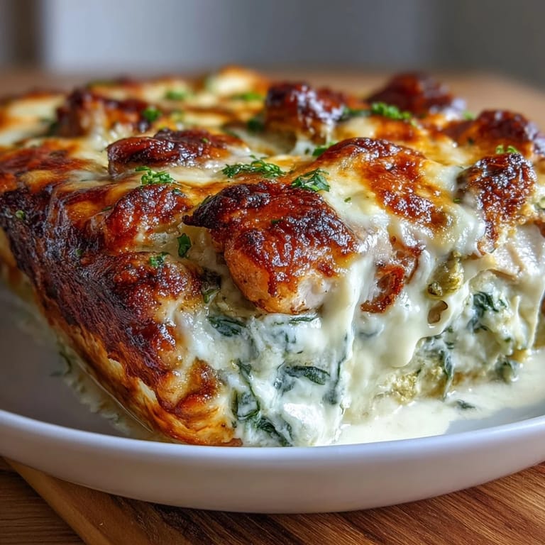A close-up of Keto Spinach Artichoke Chicken Bake served on a white plate, highlighting the juicy chicken and chunky artichoke hearts.