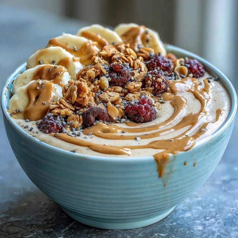 A thick, blended base of frozen bananas and peanut butter, drizzled with more peanut butter and sprinkled with chia seeds.