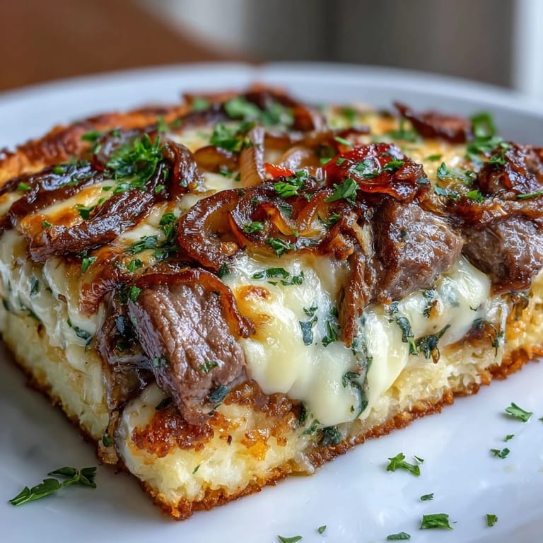 Freshly baked Keto Philly Cheesesteak Casserole with Cauliflower Rice served in a dish, garnished with green onions and ready to serve.