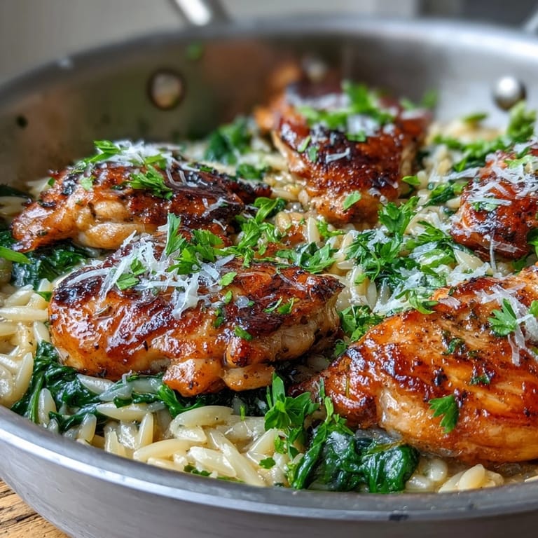 Tender chicken thighs and orzo pasta coated in a bright lemon garlic sauce with wilted spinach.