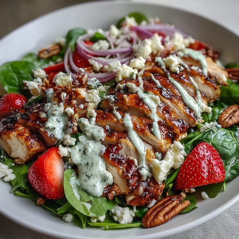 Tender grilled chicken is arranged over fresh spinach and strawberries, finished with a tangy homemade poppy seed dressing.