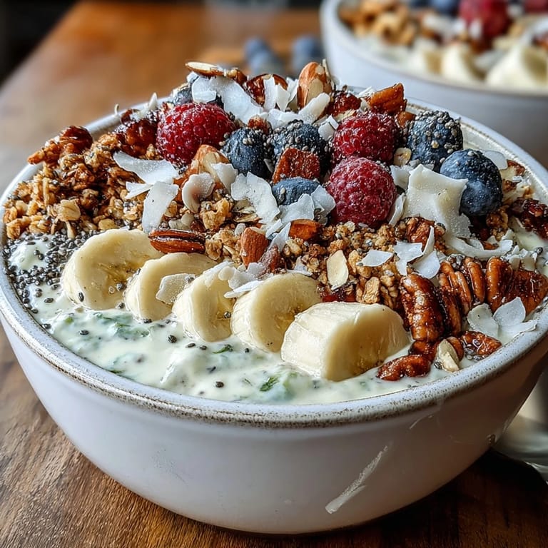 A vibrant, creamy Berry Greek Yogurt Smoothie Bowl in a white bowl, loaded with sliced bananas, coconut flakes, and nuts.