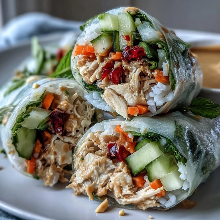 Dipped in creamy peanut sauce, these Light Chicken and Veggie Spring Rolls offer a crunchy bite with fresh herbs.