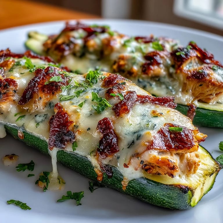 Tender zucchini boats stuffed with creamy garlic chicken and bubbling mozzarella, served hot from the oven.