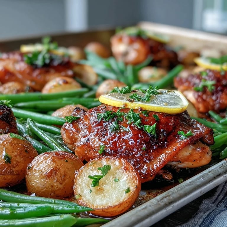 Roasted Sheet Pan Lemon Garlic Chicken with Potatoes and Green Beans served hot and garnished with parsley on a rustic wooden table.