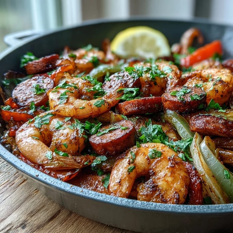 Savory Keto Cajun Shrimp and Sausage Skillet served with lemon wedges alongside cauliflower rice for dinner.