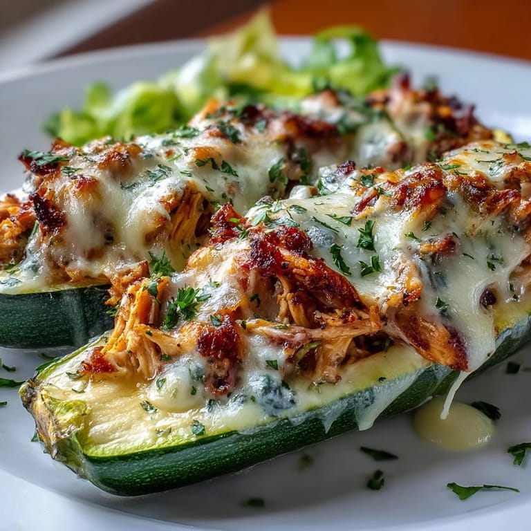 Freshly baked Keto Creamy Garlic Chicken Zucchini Boats on a rustic wooden board with a side salad.