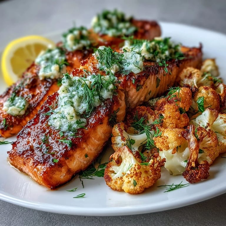 Delicious Keto Herb Butter Salmon with Roasted Cauliflower - tender, flaky salmon baked with lemon-garlic herb butter and paired with smoky roasted cauliflower.