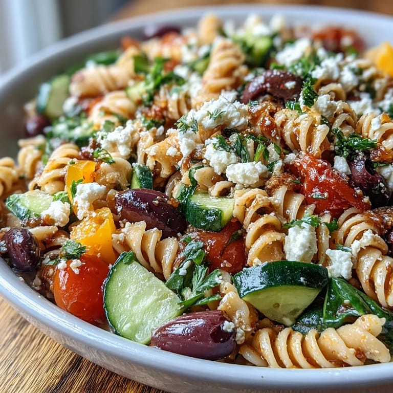 Whole grain pasta tossed with crisp cucumbers, bell peppers, and baby spinach, topped with crumbled light feta for a Mediterranean twist.  