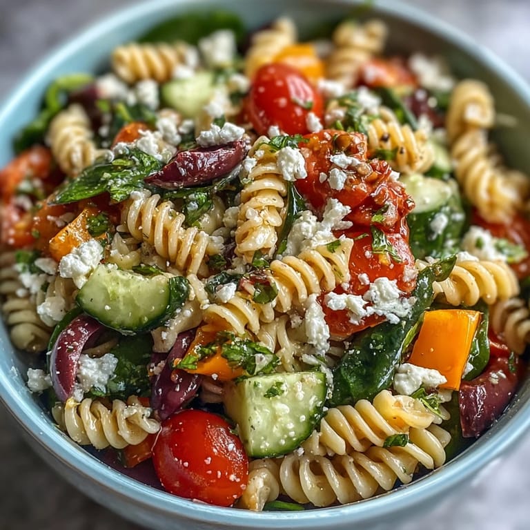 Vibrant and refreshing Summer Slim Greek Pasta Salad with juicy tomatoes, crunchy veggies, and zesty lemon dressing, ideal for picnics.