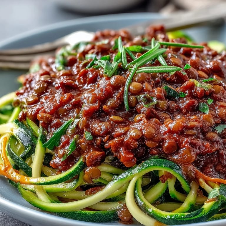 Hearty plant-based lentil Bolognese sauce simmered with aromatic vegetables, generously spooned over colorful spiralized zucchini and carrot noodles.