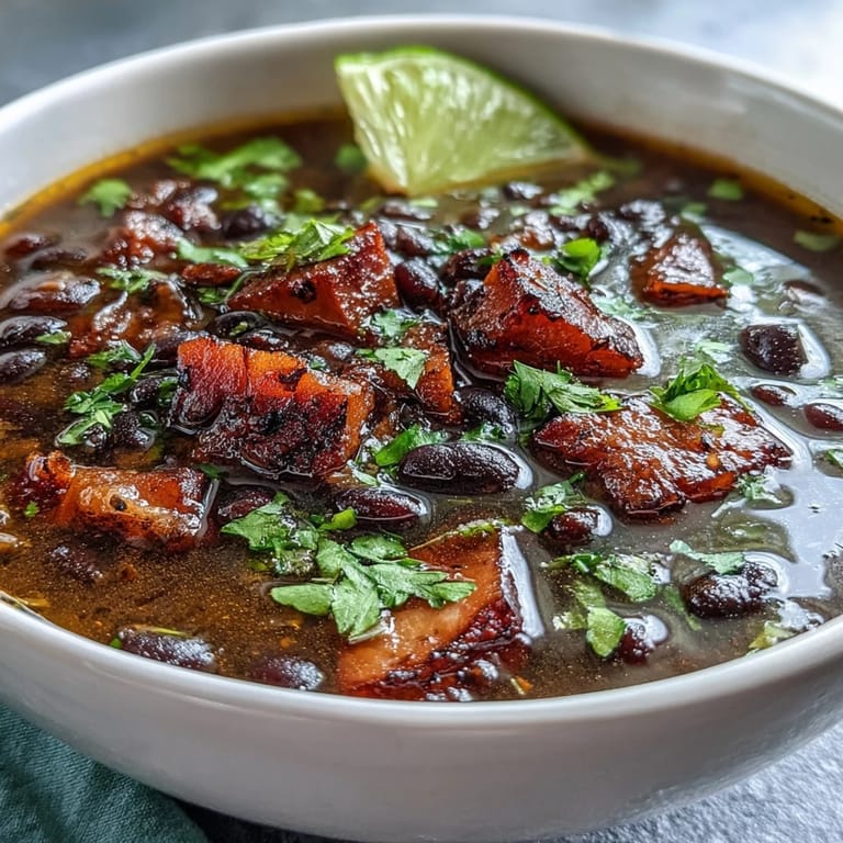Comforting ham and black bean soup with diced vegetables, smoked paprika, and a fresh cilantro-lime topping, served hot.