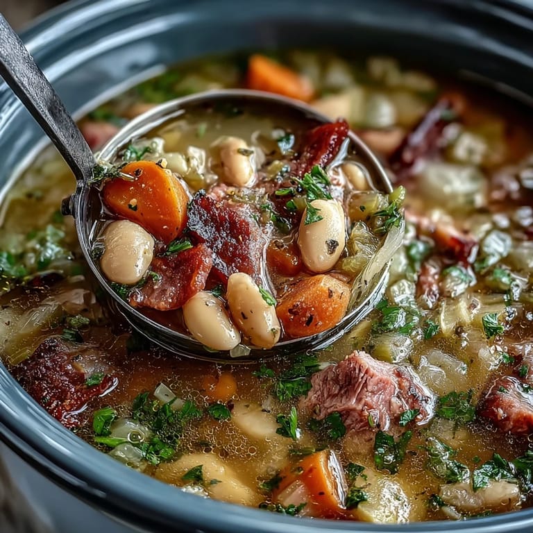 Rich and hearty slow cooker ham and bean soup filled with savory vegetables and creamy beans, served in a rustic bowl.