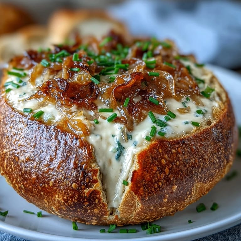 Crowd-pleasing sourdough onion dip served in a rustic bread bowl, garnished with chives and ready for dipping.