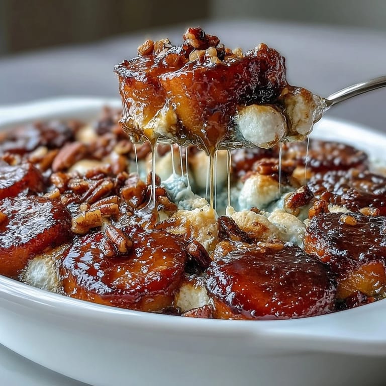 Classic candied yams topped with fluffy marshmallows and a nutty pecan crumble, perfect for Thanksgiving or festive gatherings.