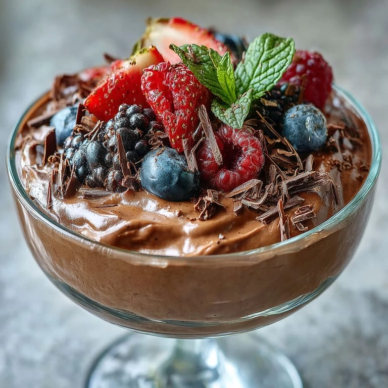 Rich, creamy chocolate mousse made with cottage cheese, cocoa, and vanilla, garnished with a vibrant berry medley.  