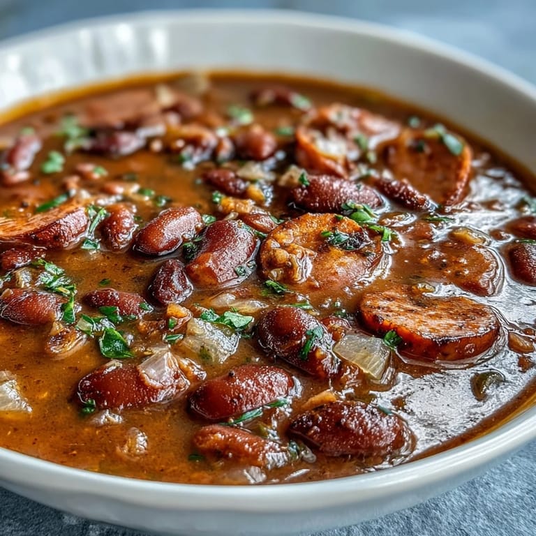 Creamy red beans simmered with diced ham, vegetables, and Cajun seasonings for a comforting Southern dish.  