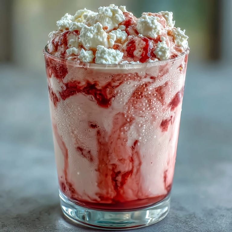 Protein-packed cottage cheese strawberry smoothie with a vibrant pink hue, ideal for a quick breakfast or post-workout snack.  