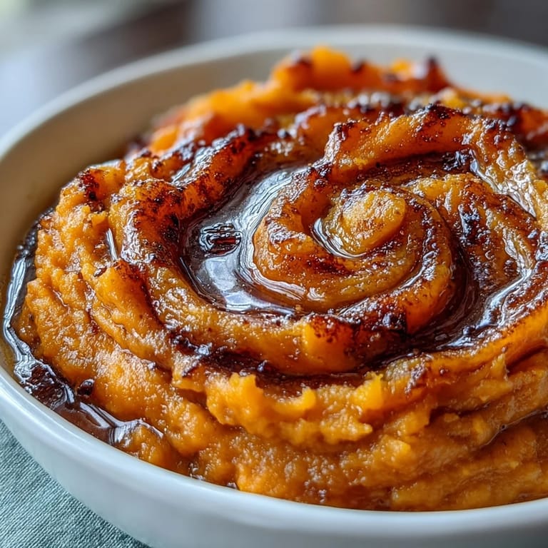 A close-up view of golden mashed candied yams being served in a rustic bowl with a sprinkle of garnish.