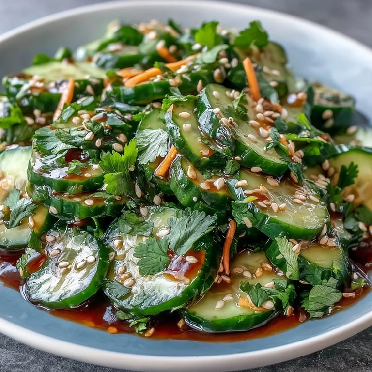Vibrant Asian Sesame Cucumber Salad with Soy Dressing, featuring crisp cucumbers, sesame seeds, and zesty ginger-garlic dressing for a light meal.