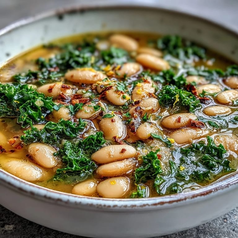 Creamy cannellini beans, vibrant kale, and zesty lemon combine in this rustic Italian soup, perfect for a comforting vegetarian meal.  