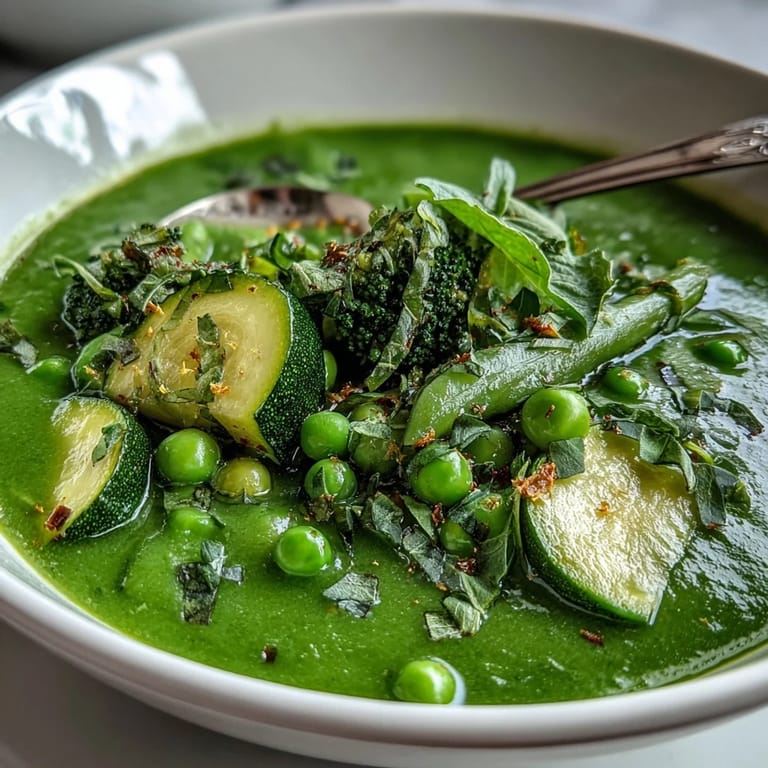 Creamy pureed green vegetable soup featuring zucchini, peas, and broccoli, perfect for a light and healthy meal.  