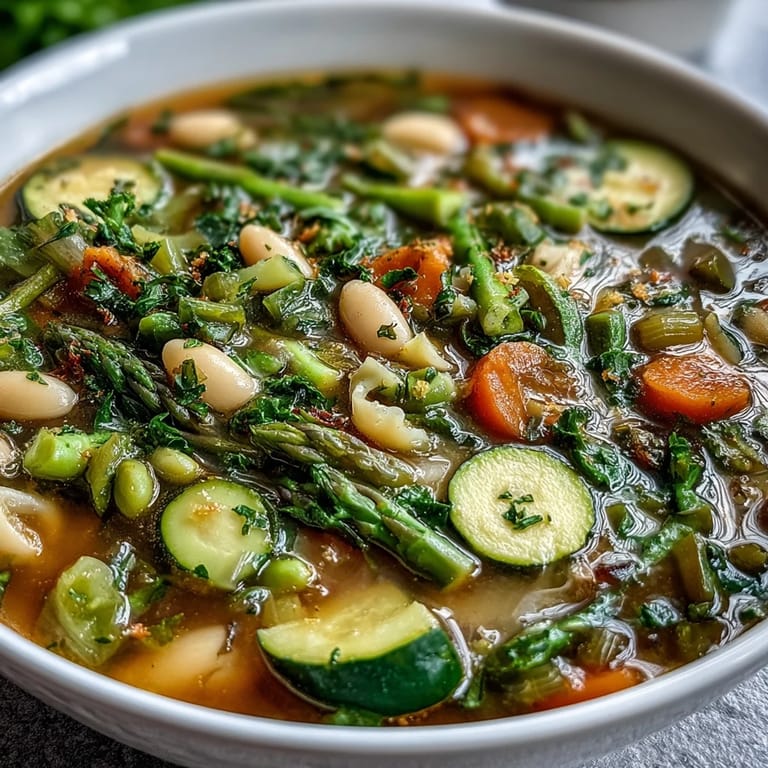 Bright and hearty spring minestrone soup featuring fresh asparagus, creamy white beans, and garden vegetables, garnished with parsley and lemon zest.