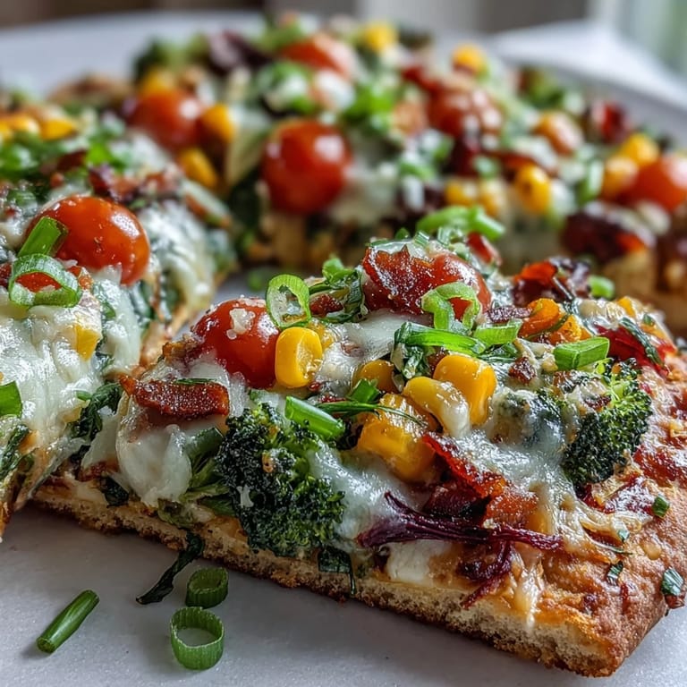 Colorful St. Patricks Day Rainbow Veggie Flatbread Pizza showcasing a medley of red tomatoes, orange peppers, yellow corn, green spinach, and purple cabbage arranged in a vibrant rainbow pattern.