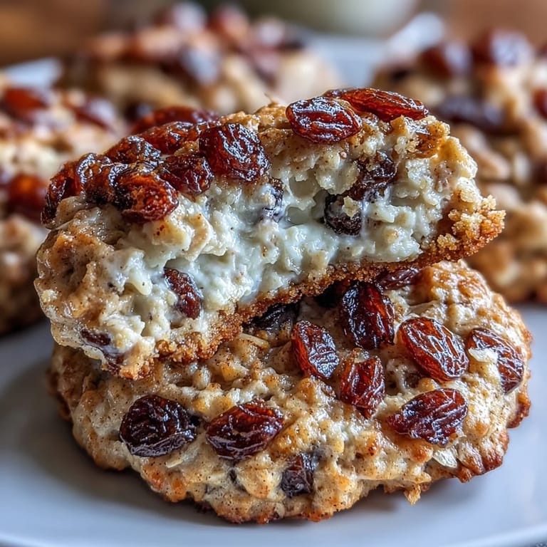 Wholesome cottage cheese oatmeal raisin cookies baked golden brown, offering a nutritious and satisfying breakfast or snack option.