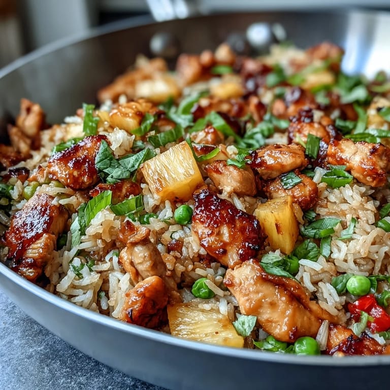 Colorful sweet chili chicken pineapple fried rice with golden-brown chicken, bright bell peppers, and sweet pineapple chunks in a hot wok.