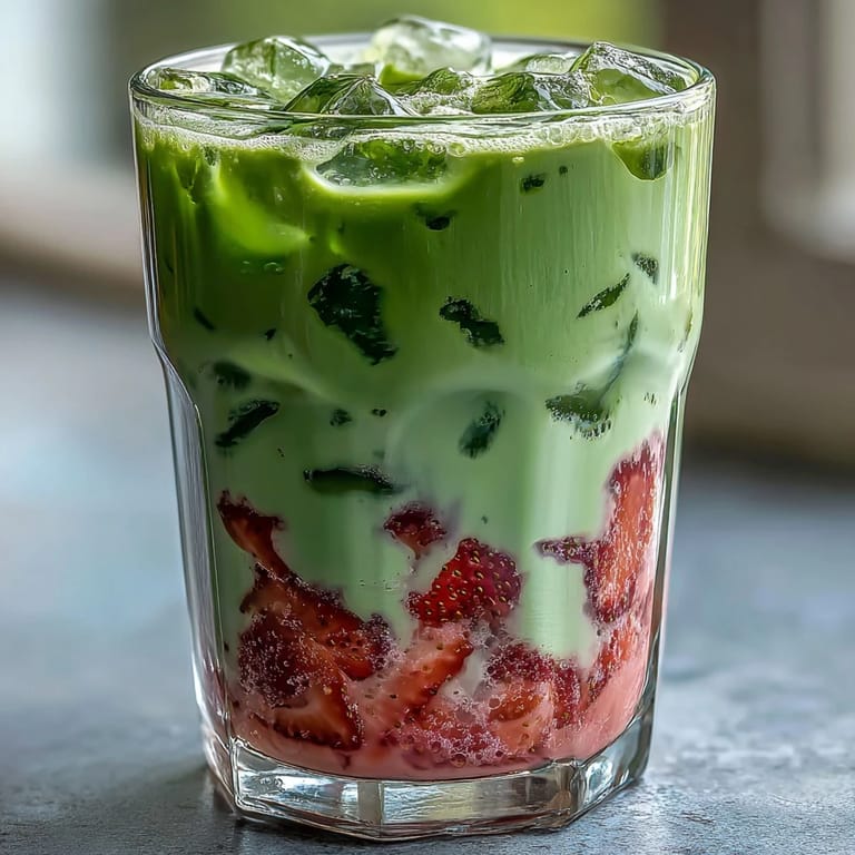 Beautiful dairy-free strawberry matcha latte with bright layers of strawberry, coconut milk, and green tea.