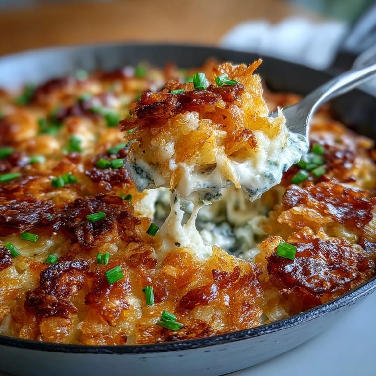 A comforting Funeral Potatoes and Ham Breakfast Skillet baked until golden and bubbly, featuring tender potatoes, diced ham, and a cheesy sour cream blend.