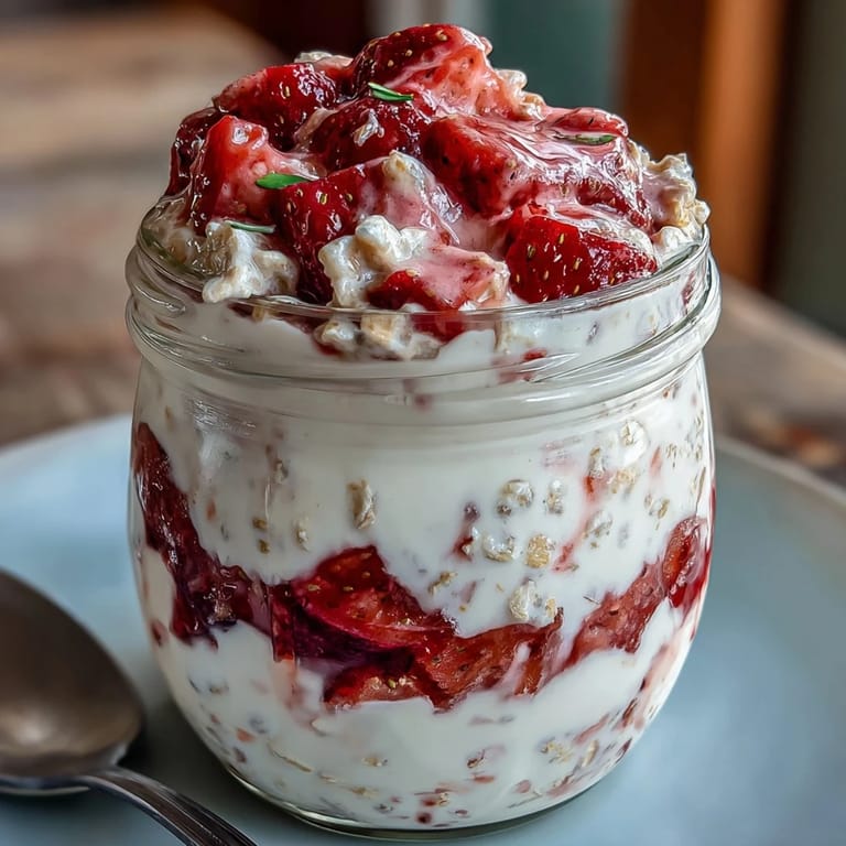 Protein-packed overnight oats with strawberries and vanilla, topped with chia seeds for a healthy and delicious breakfast.