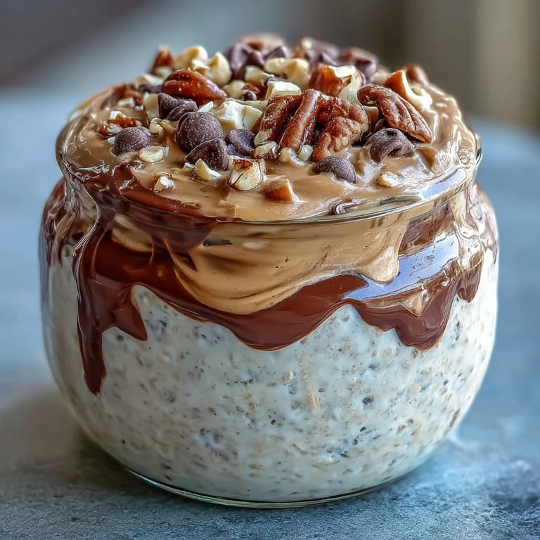 Rich peanut butter cup-inspired overnight oats with chocolate drizzle and crunchy peanut topping, served chilled in a glass jar.