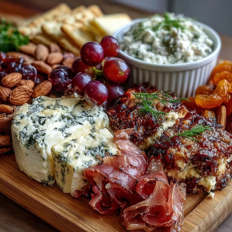 Festive charcuterie platter with an assortment of prosciutto, salami, brie, cheddar, olives, almonds, and dried apricots, served with two flavorful homemade dips for sharing.