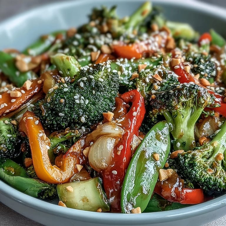Healthy, vibrant stir-fry loaded with fresh vegetables and a rich, protein-packed peanut sauce for flavor.  