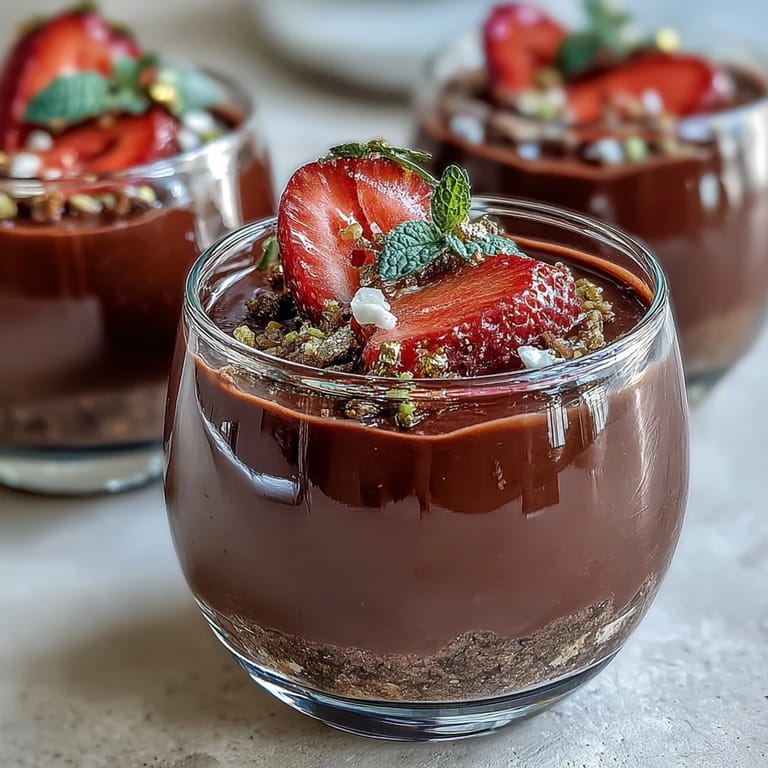 Luxurious chocolate strawberry dessert cups garnished with pistachios and edible gold leaf, perfect for special occasions.