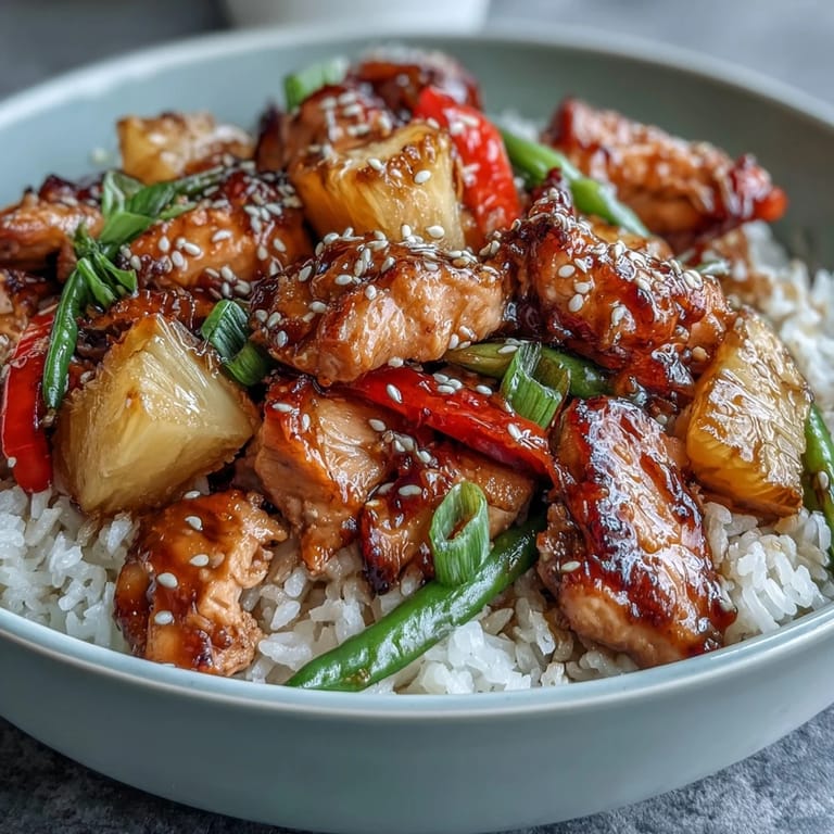 Sweet and savory Pineapple Teriyaki Chicken Rice Bowls served over fluffy jasmine rice with colorful vegetables and sesame seeds.