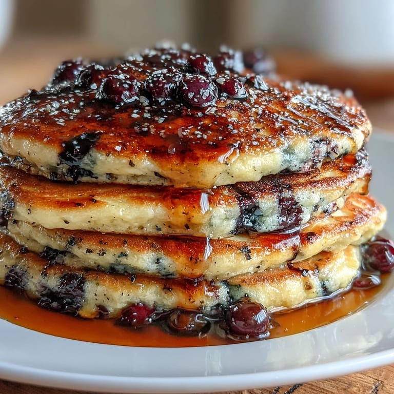 Golden pancakes dotted with juicy blueberries and a hint of lemon zest, made with tangy sourdough starter for extra flavor.