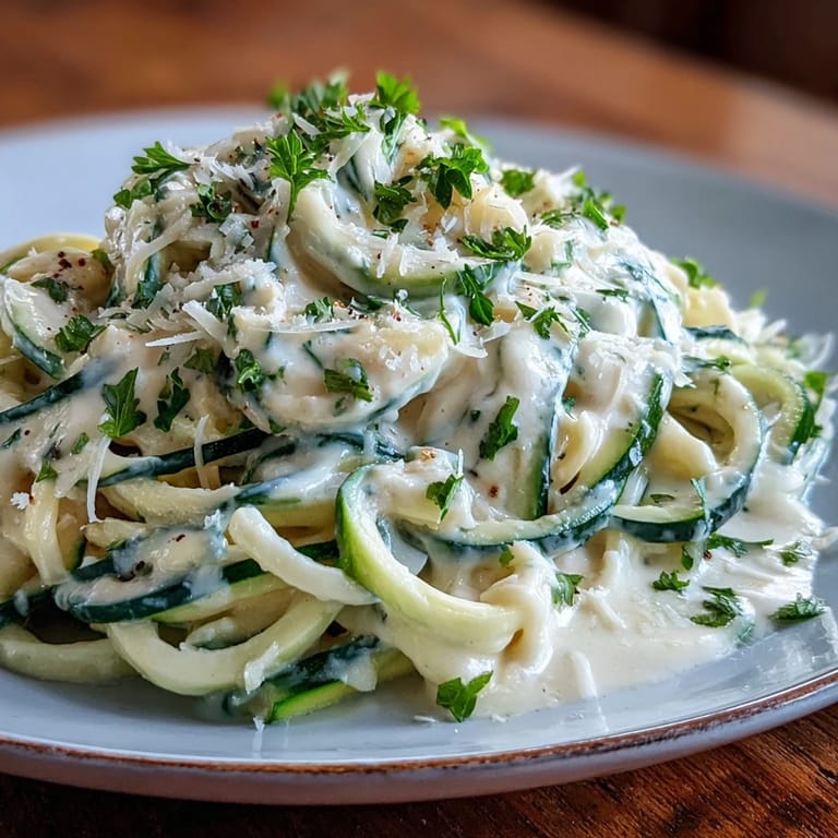 Protein-packed cottage cheese Alfredo sauce coats light zucchini noodles for a healthy vegetarian pasta alternative.