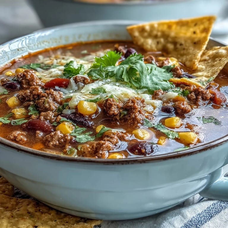 A comforting bowl of taco soup loaded with tender ground beef, colorful bell peppers, and corn, topped with a dollop of sour cream and fresh jalapeños.