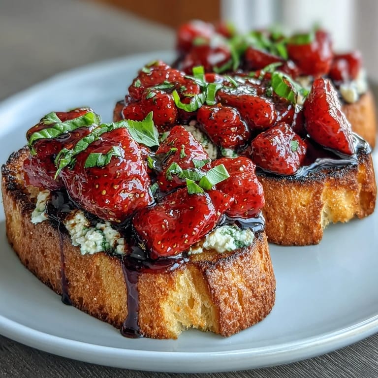 Juicy strawberries and rich balsamic glaze drizzled over crisp bruschetta toasts, topped with fresh basil and soft cheese.