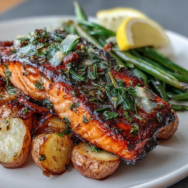 A vibrant, one-pan salmon dinner featuring juicy fish, roasted potatoes, and green beans, finished with fresh parsley and lemon slices.