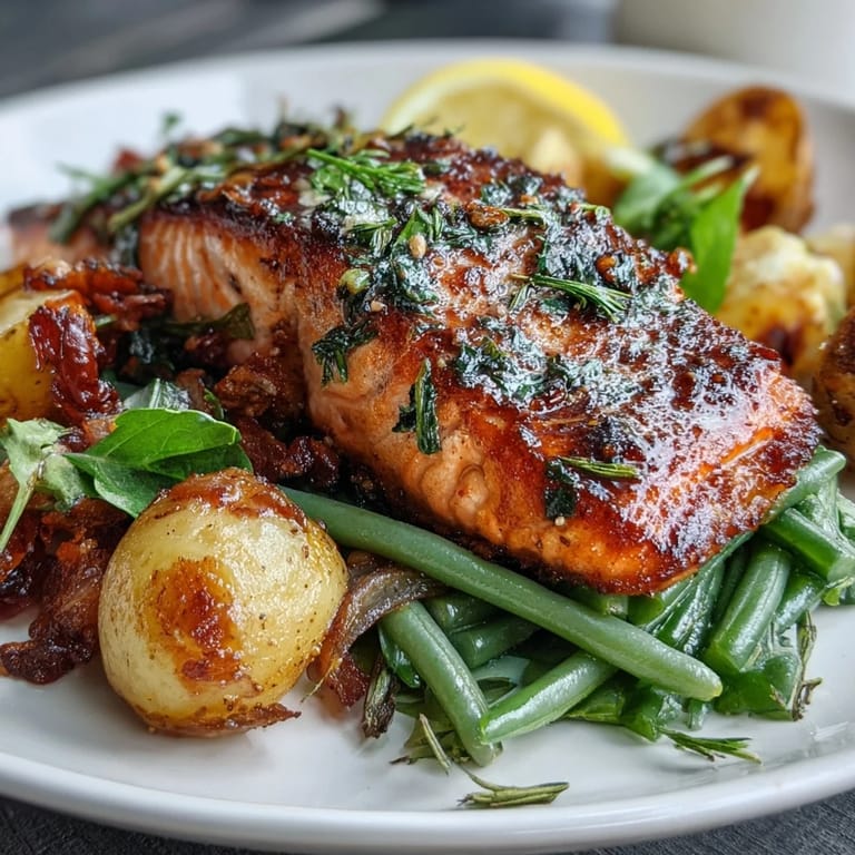 Flaky salmon fillets paired with tender potatoes and crisp green beans, all roasted together with zesty lemon and fragrant herbs.  