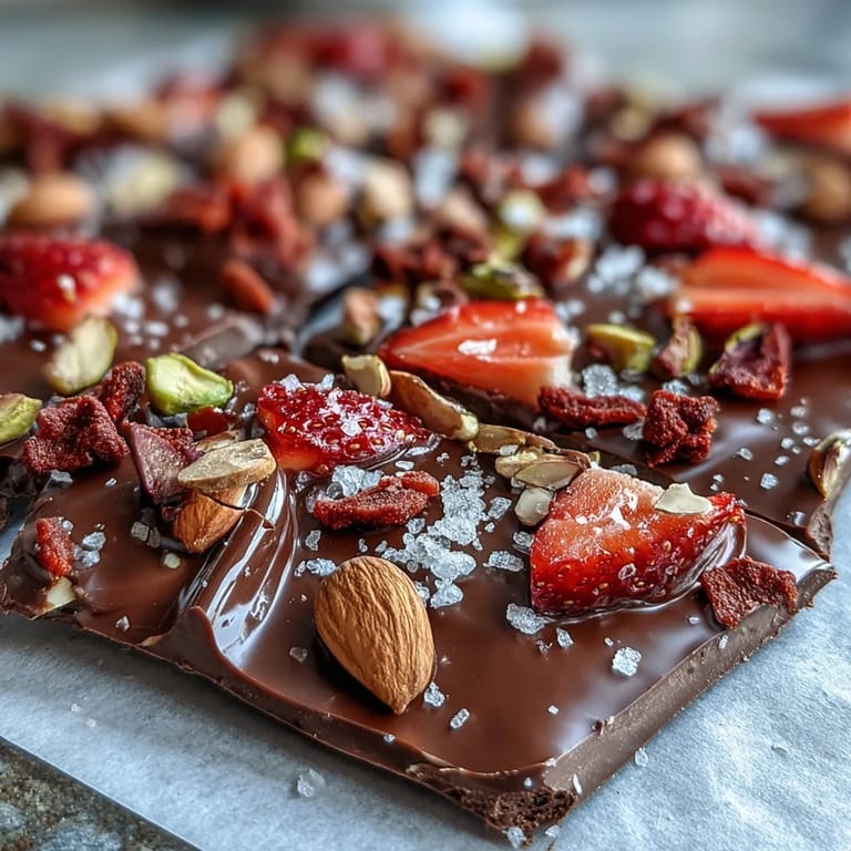 Gourmet Dubai Chocolate Strawberry Bark with pistachios and almonds, featuring layers of dark chocolate, vibrant dried strawberries, and golden roasted nuts for a stunning dessert.