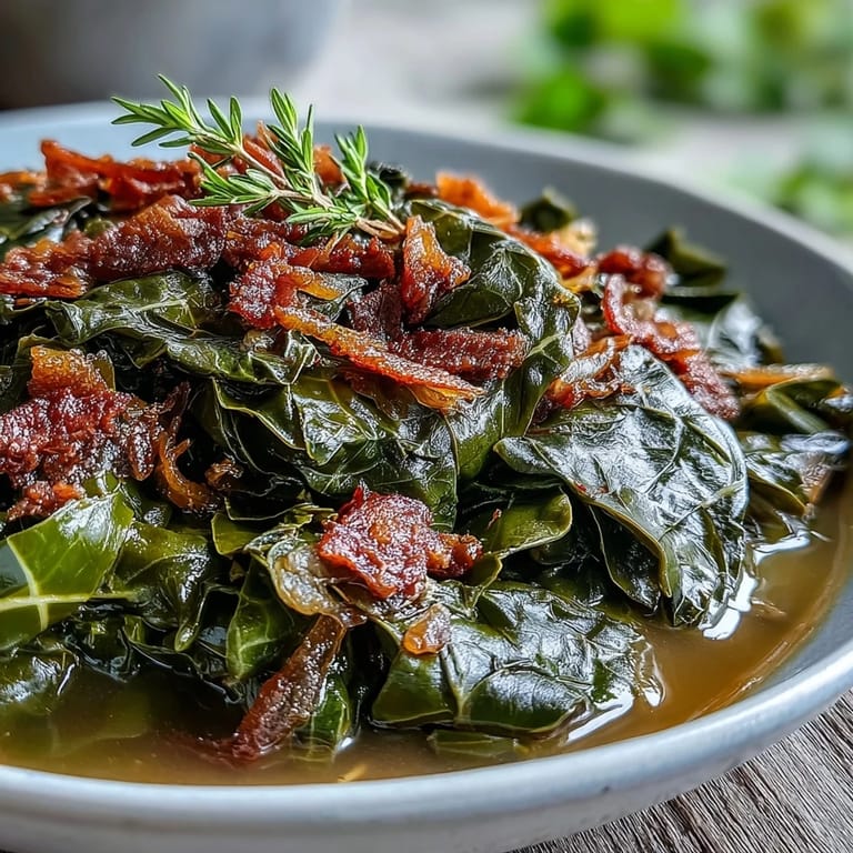 Close-up of Southern collard greens with smoky turkey and onions, a comforting and flavorful side dish.  