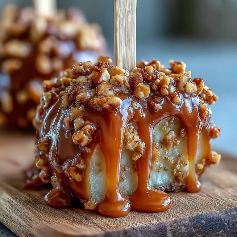 Juicy apple slices coated in rich caramel and sprinkled with roasted peanuts, offering a delightful blend of textures.